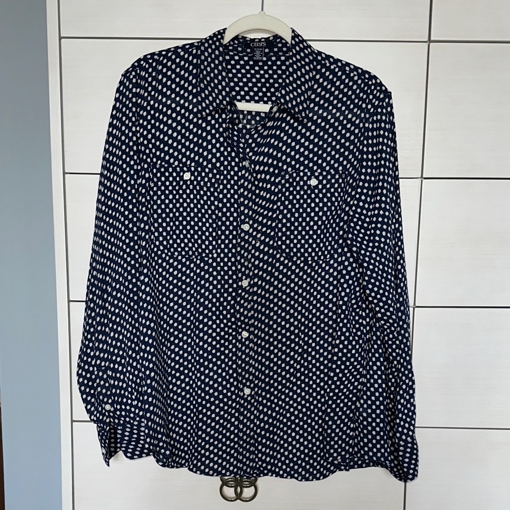 Chaps Navy & White Dot Print Button-Up Blouse | Size XL